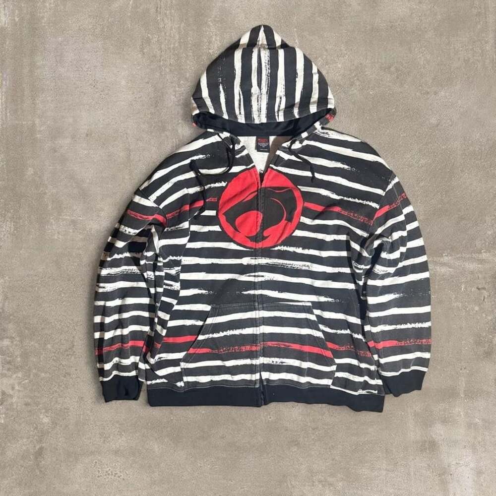 Thundercats Vintage Y2K Striped Zip Up Hoodie Black White Red